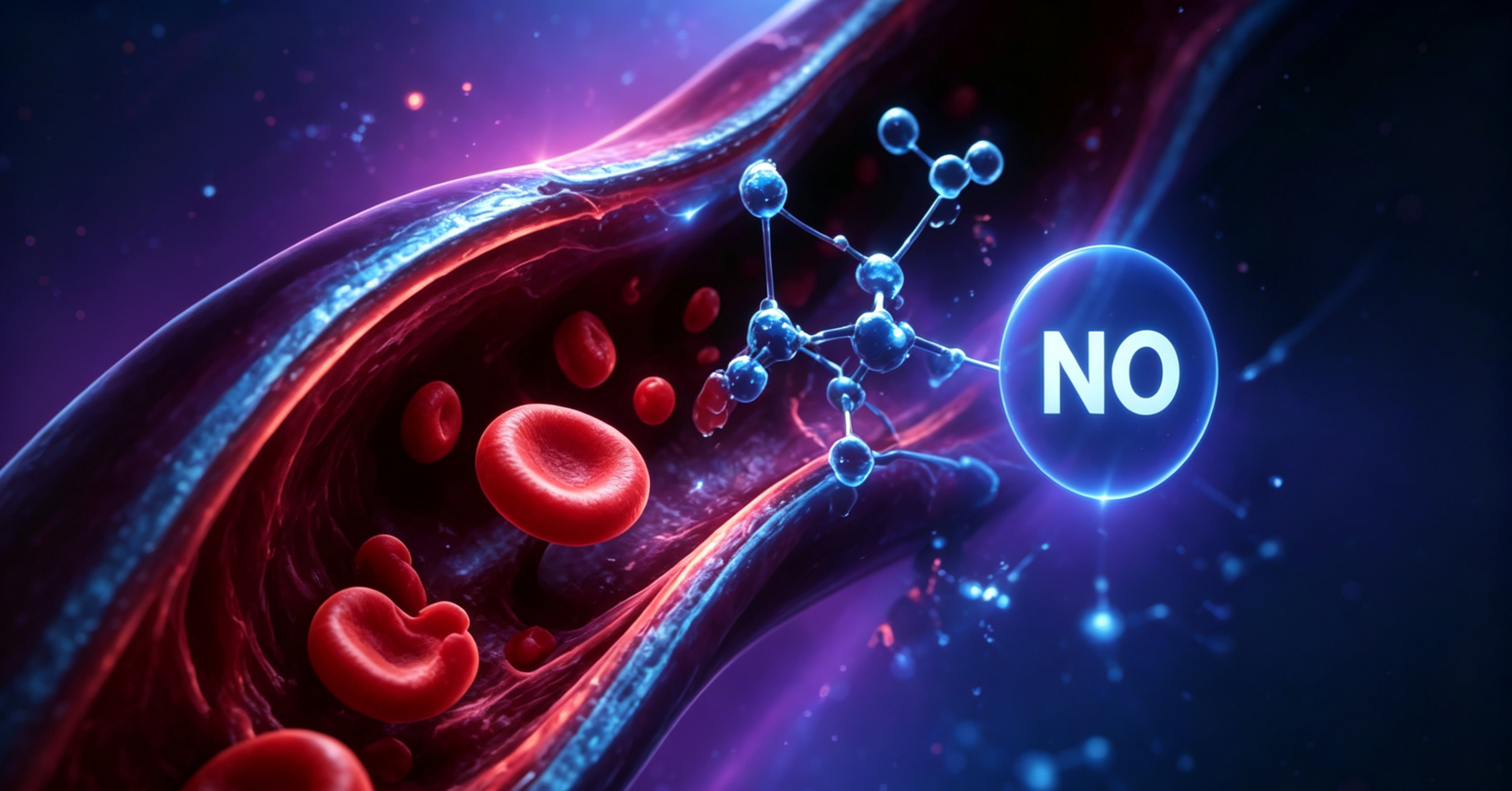 Nitric oxide molecule pathway showing vasodilation effect on microcirculation and blood flow
